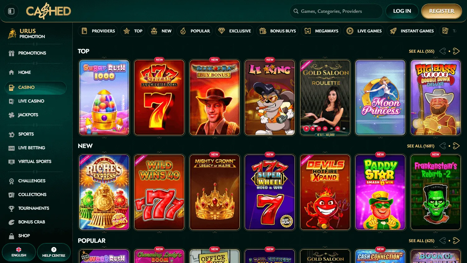 Cashed Casino desktop casino games screen with pokies and live tables
