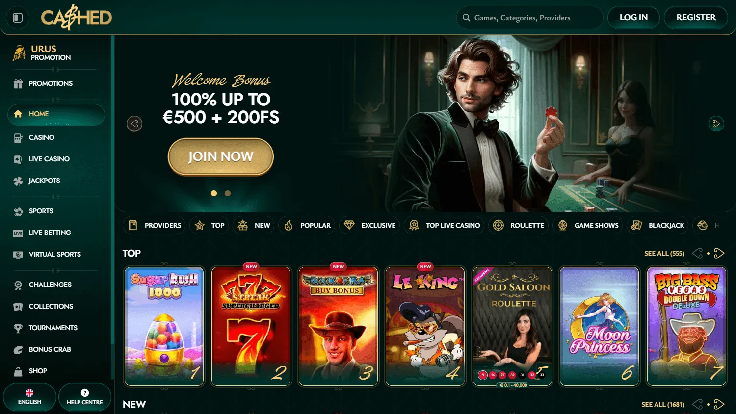 Cashed Casino desktop home screen for Australian players