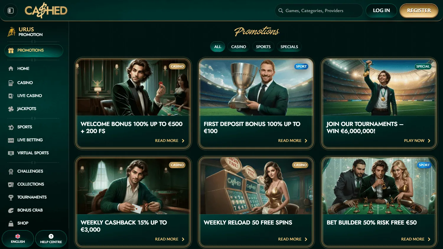 Cashed Casino desktop promotions screen with welcome and reload offers