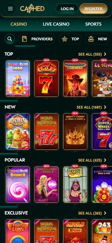 Cashed Casino mobile games screen with casino and live dealer options
