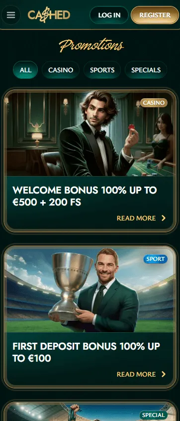 Cashed Casino mobile promotions screen with casino offers and VIP rewards